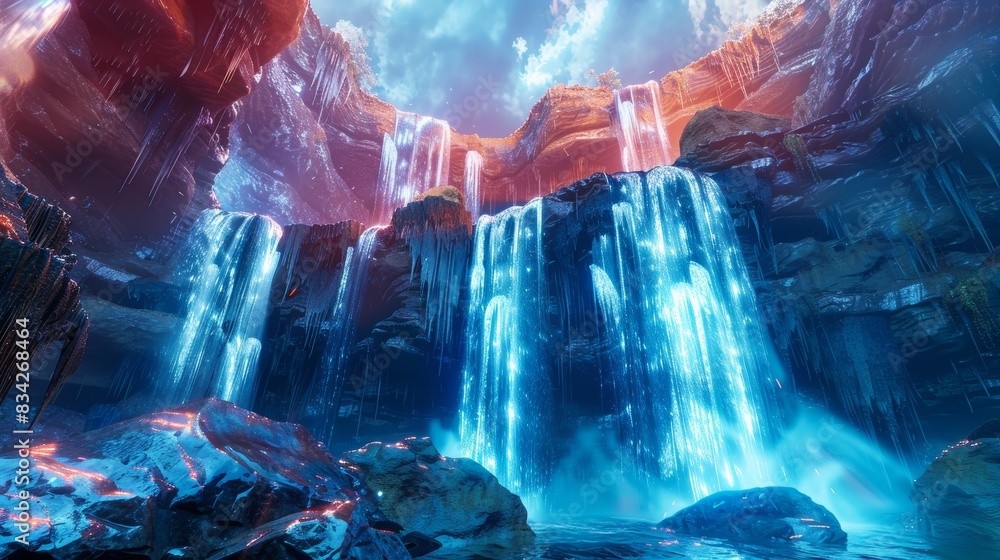 Mystical waterfalls in an alien landscape, Majestic alien waterfalls with glowing blue water surrounded by red rock formations against a dramatic sky Mystical waterfalls in an alien landscape, Majestic alien waterfalls with glowing blue water surrounded by red rock formations against a dramatic sky