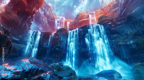 Mystical waterfalls in an alien landscape, Majestic alien waterfalls with glowing blue water surrounded by red rock formations against a dramatic sky