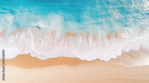 Aerial View of Turquoise Ocean Waves Crashing onto Sandy Beach Shoreline
