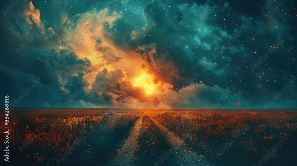 A celestial sunset over an open field path A celestial sunset over an open field path