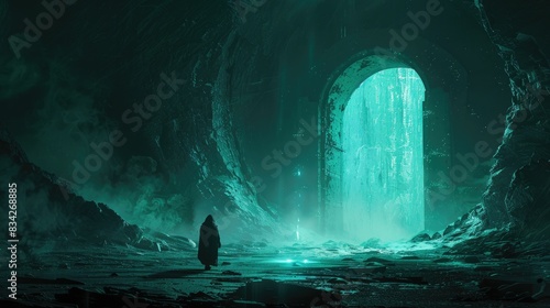A lone figure faces a glowing green portal