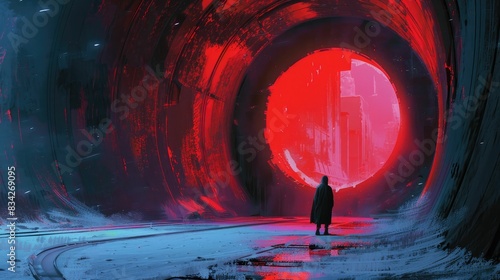 A lone figure faces a glowing red portal
