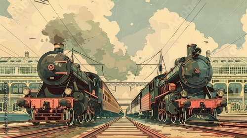 Illustration Image Two Vintage Trains, Generative AI