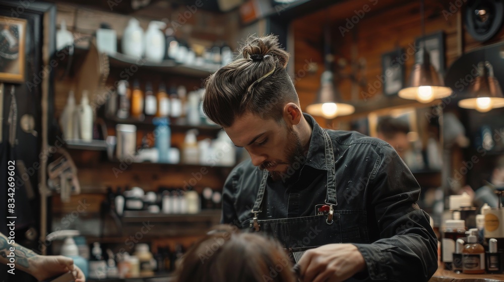 High-quality image of a hairdresser performing a precision cut on a client's hair High-quality image of a hairdresser performing a precision cut on a client's hair