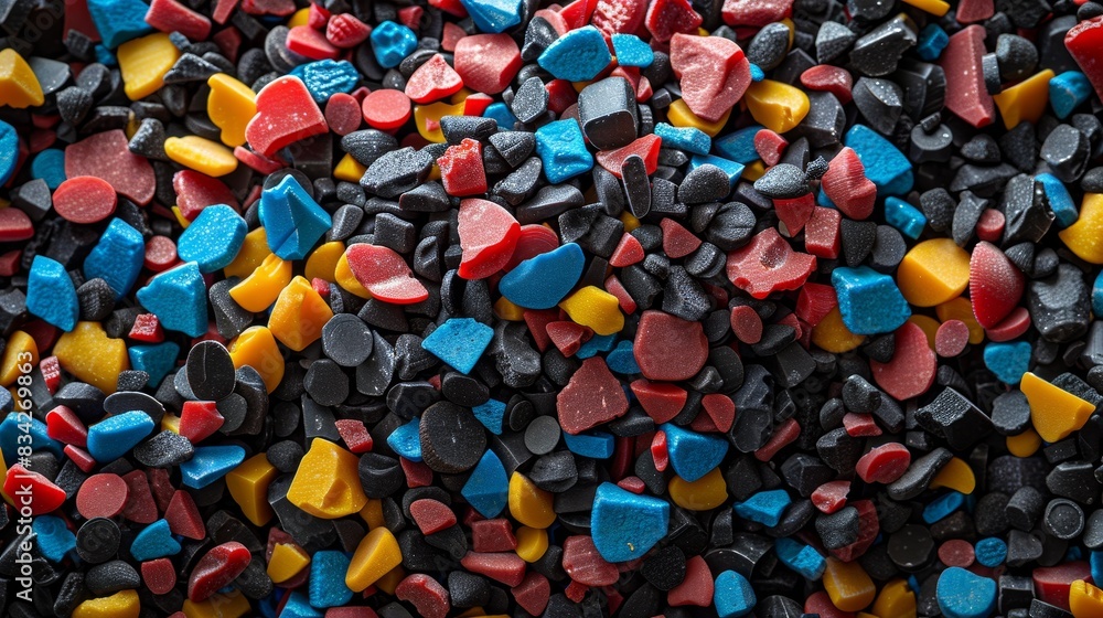 Close-up view of mixed plastic granules, critical in the chemical industry, showcasing their texture and origin from petroleum products Close-up view of mixed plastic granules, critical in the chemical industry, showcasing their texture and origin from petroleum products