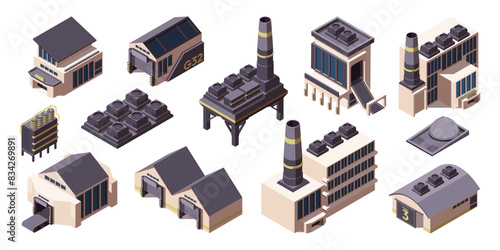 Factory isometric icons set. Industrial production buildings, manufacturing plants, warehouses and conveyors. Chemical stations with chimney. 3D vector collection isolated on white background