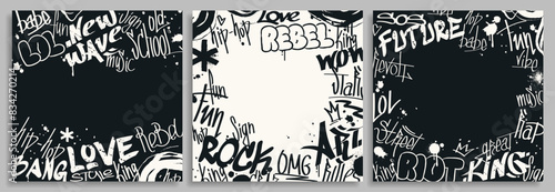 Set of Graffiti tags border. Abstract brutal frames decorated with hand drawn street art. Artistic covers with scribbles and splashes. Cartoon flat vector collection isolated on gray background