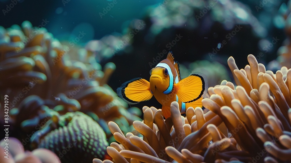 A Close-Up Image of an Amphiprion ocellaris Nestled Within an Anemone A Close-Up Image of an Amphiprion ocellaris Nestled Within an Anemone
