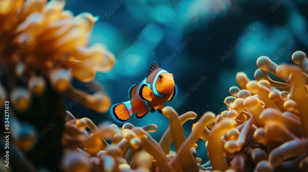 A Close Perspective on a False Clown Anemone Fish, Amphiprion ocellaris, in its Natural Habitat A Close Perspective on a False Clown Anemone Fish, Amphiprion ocellaris, in its Natural Habitat