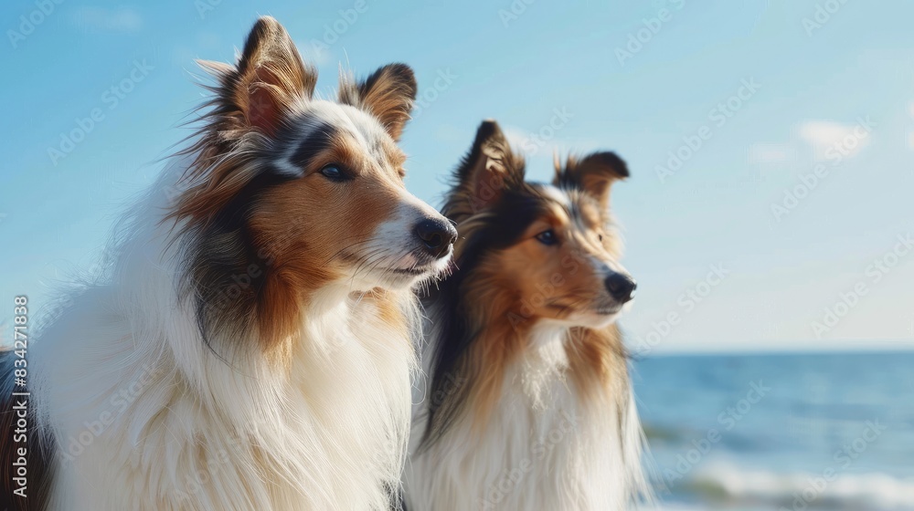 Charming sable white and tricolor Shetland sheepdogs under blue sky and sea background on sunny day Lovely small collie with fur coat Charming sable white and tricolor Shetland sheepdogs under blue sky and sea background on sunny day Lovely small collie with fur coat
