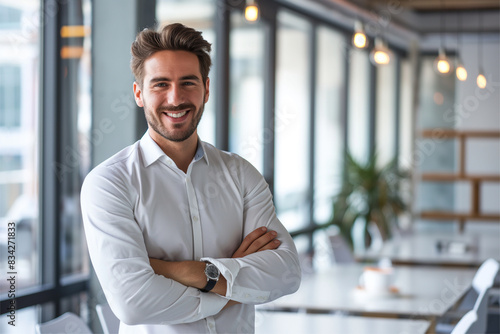 Portrait of cheerful businessman with arms folded standing in conference room. Happy young business man in shirt looking at camera. Portrait of a smiling businessman in modern office