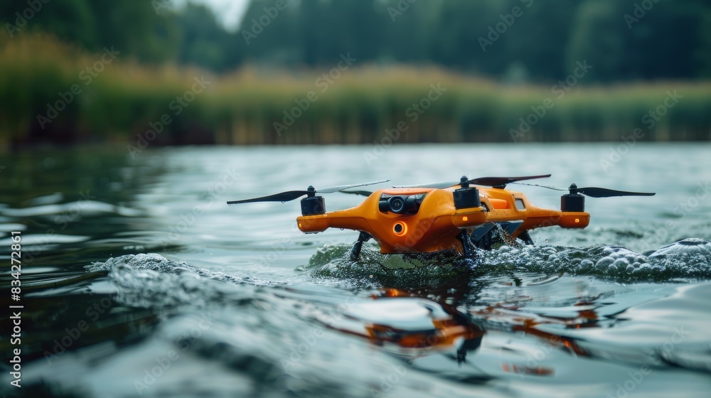 Fototapeta premium Advanced rescue drone reaching out of the water to save a drowning person, displaying cutting-edge technology