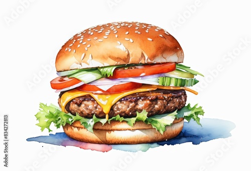 Watercolour drawing of a burger on a white background