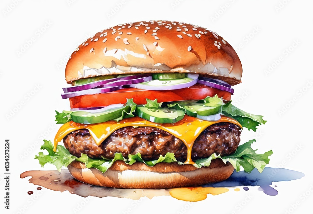 Watercolour drawing of a burger on a white background