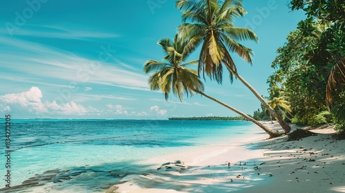 Beautiful beach with palms and turquoise sea. Tropical Beach Paradise  Where Turquoise Waters Sparkle Under the Sun  Palm Trees Cast Gentle Shadows  and the Promise of Relaxation and Adventure Awaits