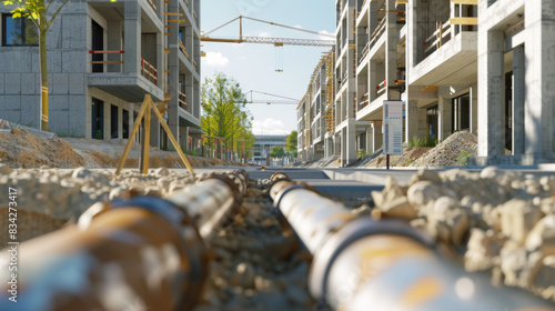 photograph of an Architectural background, a new modern residential area under construction with an underground water pipes system on the street