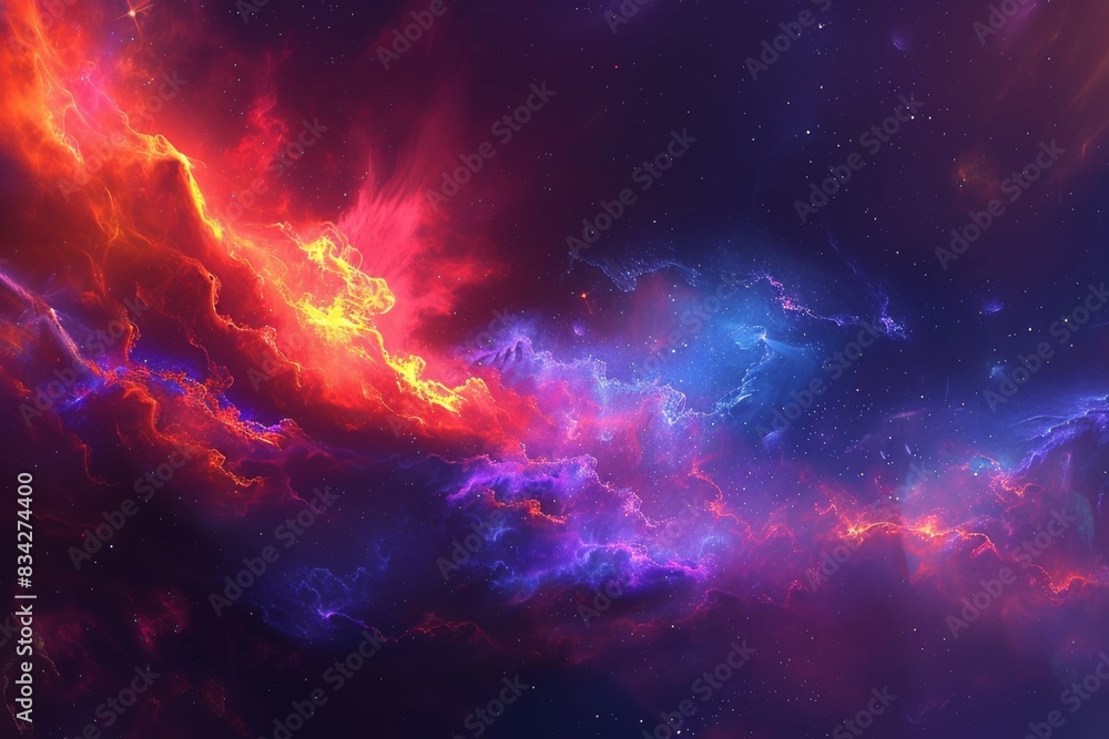Fototapeta premium A vivid nebula in space, showcasing a dynamic mix of fiery red, orange, and yellow hues blending into deep blues and purples. The nebula's bright, swirling clouds are illuminated by distant stars.