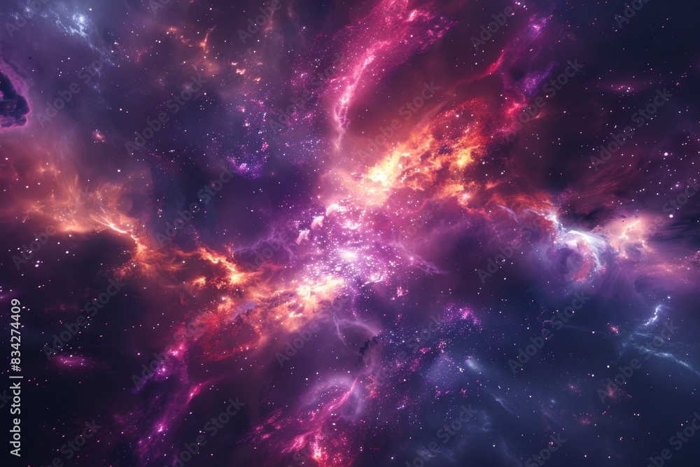 This image showcases a brilliant nebula in space, featuring a vivid mix of purple, pink, and orange hues. The nebula's bright, swirling clouds are interspersed with numerous sparkling stars.