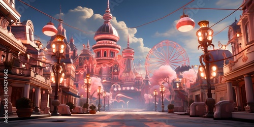 3D rendering of the theme park attractions and landmarks in the evening photo