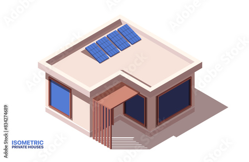 Wallpaper Mural Private house isometric icon. Modern eco friendly townhouse or cottage with solar panels on roof. Contemporary home or residential property. Cartoon 3D vector illustration isolated on white background Torontodigital.ca