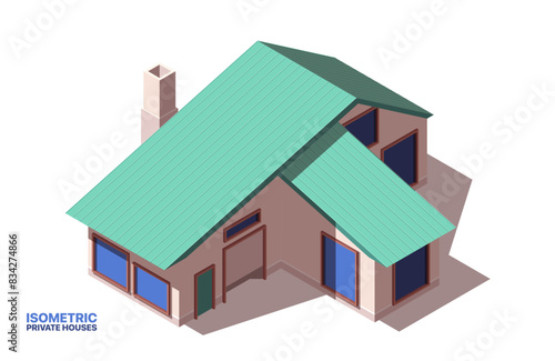 Private house isometric icon. Exterior of large family home or residential property with garage. Suburban real estate or townhouse. Cartoon 3D vector illustration isolated on white background