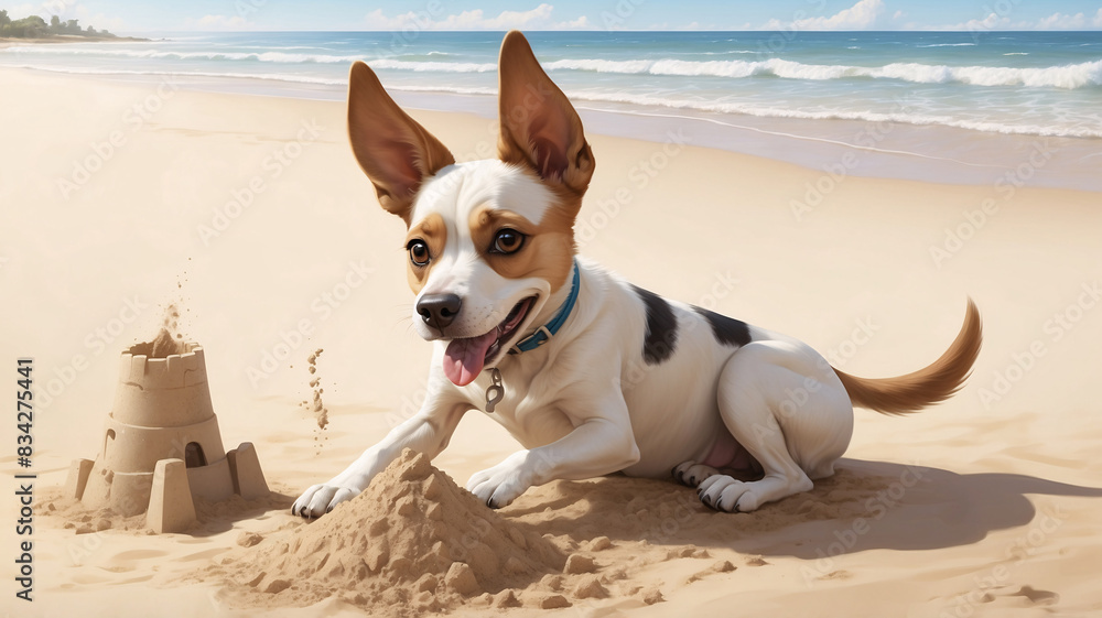 Cute happy DOG playing at the beach and building a sand castle, seaside or ocean shore, sandy sunny beach with a playful dog