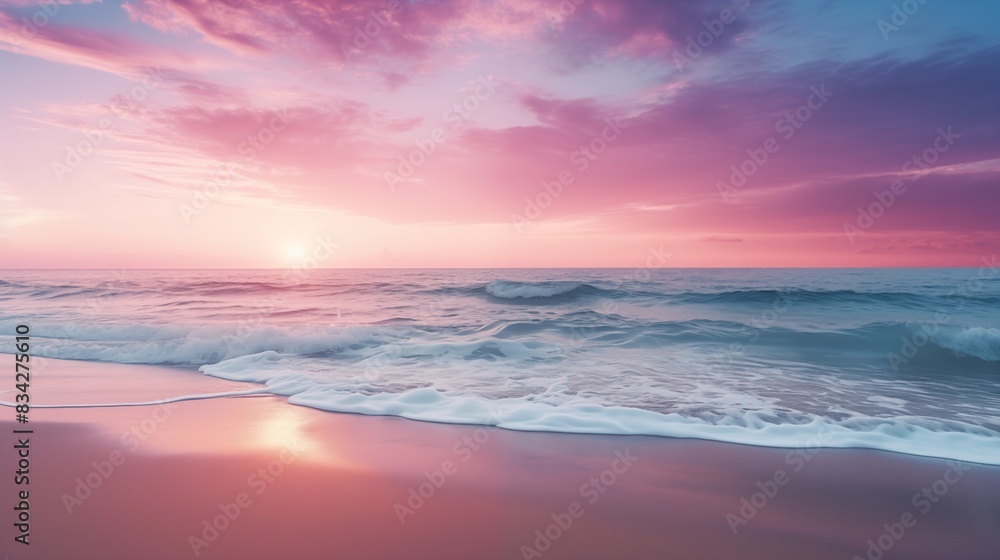 Obraz premium Beautiful Sunset over a Serene Beach with Waves and Pink Sky