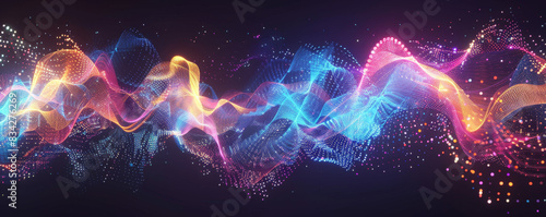 Abstract data visualization background with colorful glowing wave lines and dots, technology digital sound music equalizer for business or science concept design photo