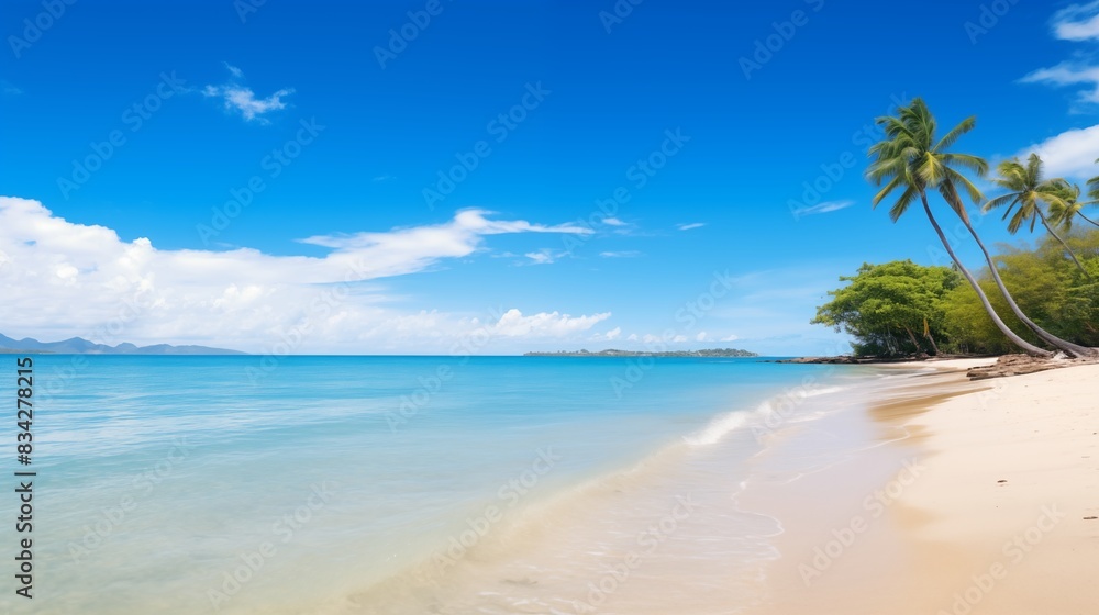 A Serene Tropical Beach with Clear Blue Water, Palm Trees, and Sandy Shore A Serene Tropical Beach with Clear Blue Water, Palm Trees, and Sandy Shore