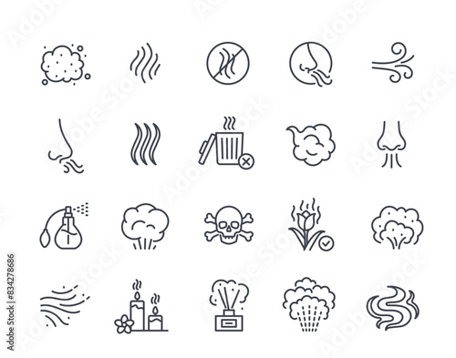 Smell linear icons set. Simple symbols associated with offensive odor, pleasant aroma and olfactory senses. Element with editable stroke. Outline flat vector collection isolated on white background