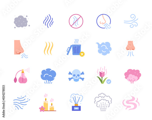 Smell colorful icons set. Bright signs with olfactory organs, nose inhaling offensive odors and pleasant fragrance. Design elements for app. Flat vector collection isolated on white background