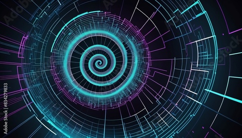 Digital Wallpaper and Technology Background featuring Abstract Spiral Cyber Geometry Surfaces Lines and Points, 3d illustration created with generative ai.