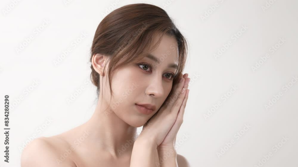 Beauty concept of 4k Resolution. Asian woman demonstrating sleeping position on white background. Beauty concept of 4k Resolution. Asian woman demonstrating sleeping position on white background.
