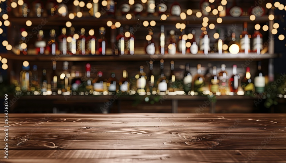 Fototapeta premium A bar with a wooden counter and a blurry background