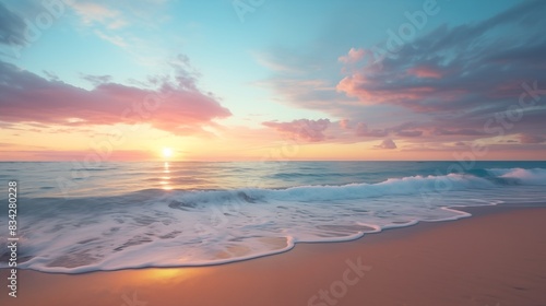 Idyllic Sunset Over a Peaceful Beach with Gentle Waves and Reflective Water © Miva