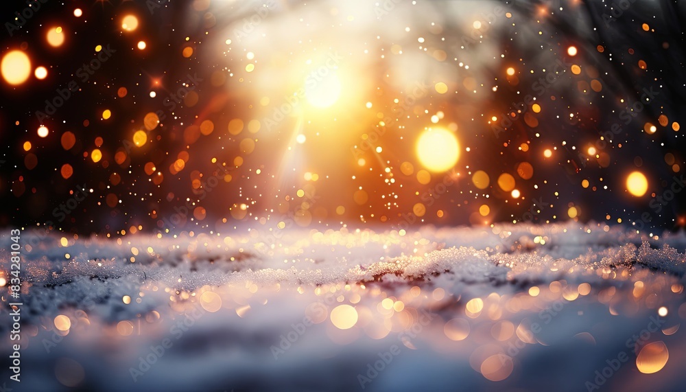 A snowy landscape with a bright sun shining through the trees A snowy landscape with a bright sun shining through the trees