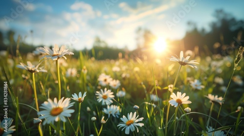 Beautiful spring and summer natural landscape with blooming field of daisies in the grass in the hilly countryside.  © Mentari