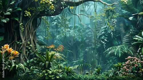 A Luxuriant Jungle Scene Showcasing a Large Ancient Tree with Hanging Vines and Diverse Tropical Flowers