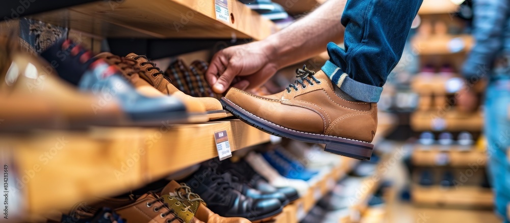 A man is looking at shoes in a store. He is touching a brown shoe A man is looking at shoes in a store. He is touching a brown shoe