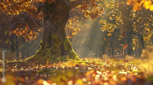 A snippet of a sunny autumn woodland and a youthful oak photo