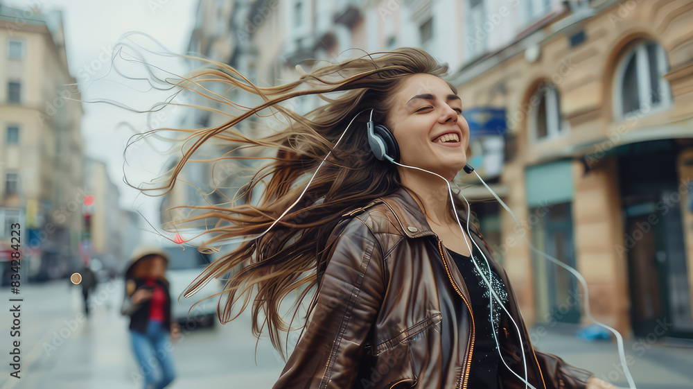 Fototapeta premium Excited girl dancing and listening music with headphones
