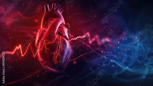 Human heart with cardio pulse line  chromosome and Flowing red blood cells photo