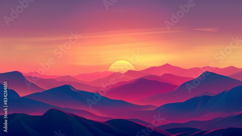 Beautiful digital art of a vibrant sunset over rolling mountains. The blend of colorful hues creates a serene and mesmerizing landscape.