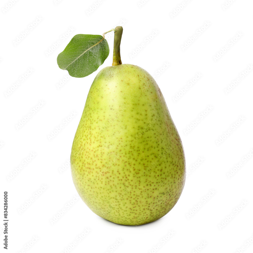 Tasty ripe pear with leaf on white background Tasty ripe pear with leaf on white background