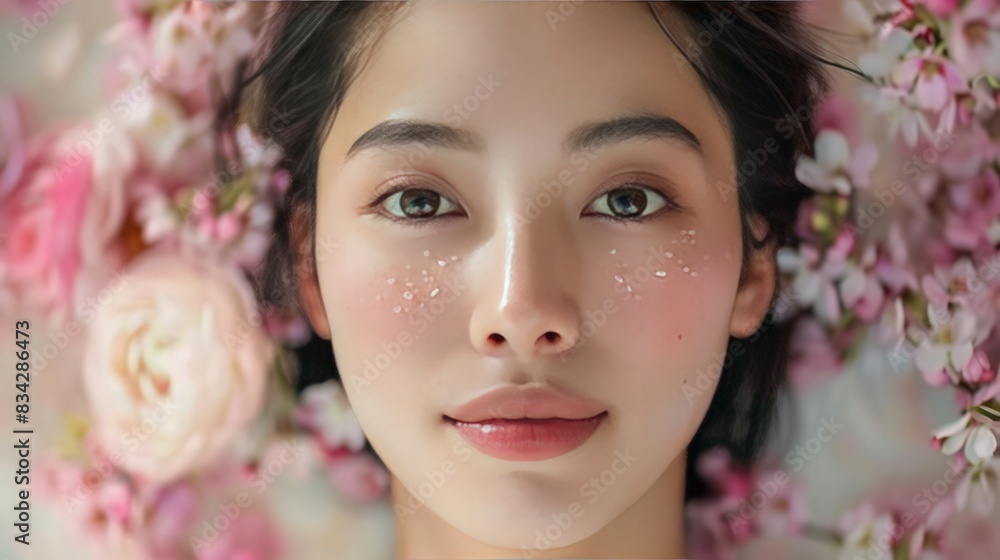 Asian Woman with Floral Background: close-up of a beautiful Asian woman with flowers in the background, creating a fresh and lively atmosphere. Asian Woman with Floral Background: close-up of a beautiful Asian woman with flowers in the background, creating a fresh and lively atmosphere.
