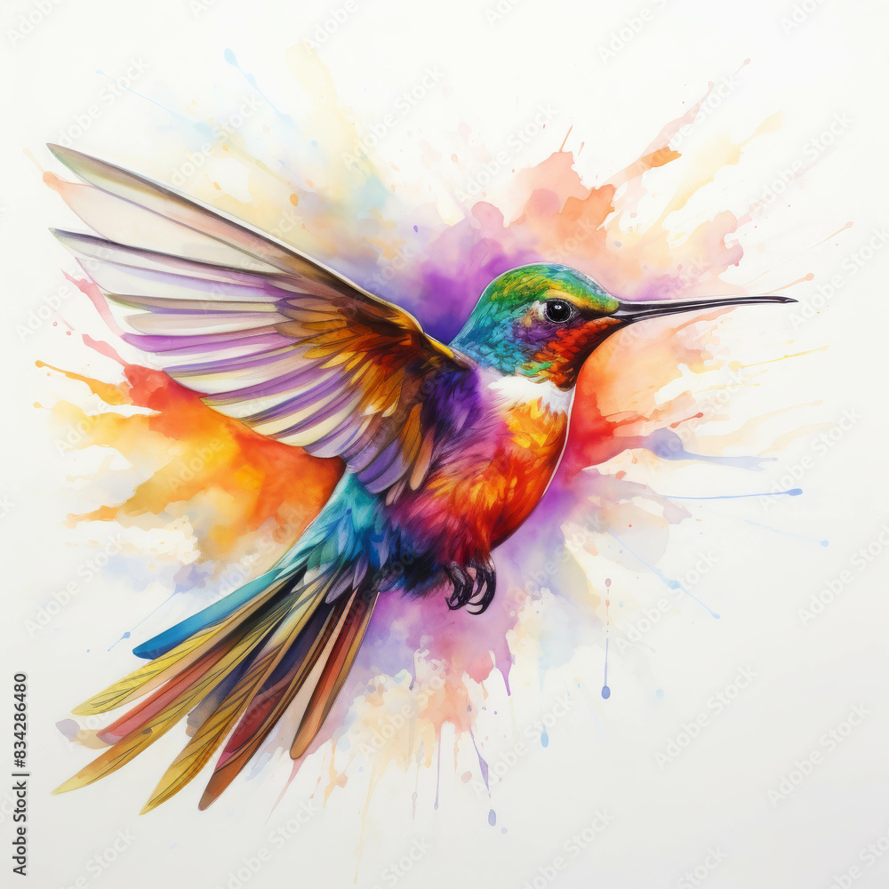 Fototapeta premium A Watercolor Painting Splendid Hummingbird in a Burst of Vibrant Colors