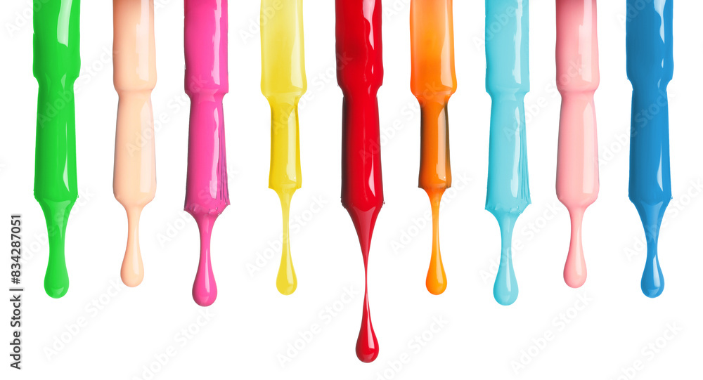 Different color nail polish collection. Set of brushes with dripping liquid isolated on white Different color nail polish collection. Set of brushes with dripping liquid isolated on white
