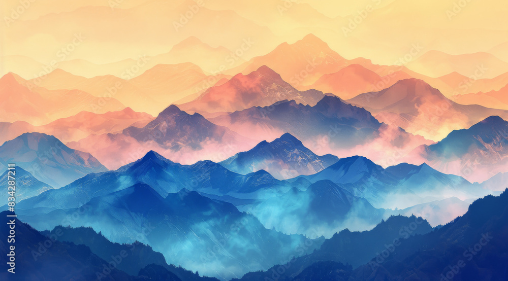 Japanese Ukiyo-e Inspired Beautiful Mountain Range in Vibrant Colors Japanese Ukiyo-e Inspired Beautiful Mountain Range in Vibrant Colors