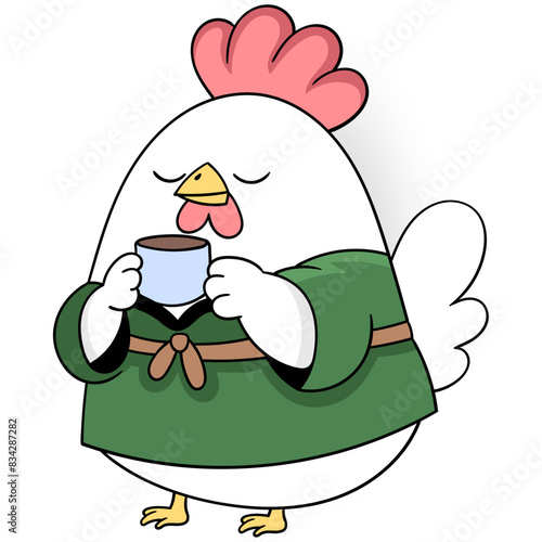 rooster wearing Japanese clothes is enjoying a relaxing morning coffee