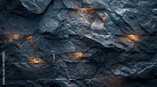 Schist wall with shiny layers, ambient lighting, dark tones, vertical composition, photo
